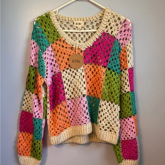 BIBI Multicolor Crochet Patchwork V-Neck Sweater Sz L PTP 21”. NWT - Picture 1 of 5